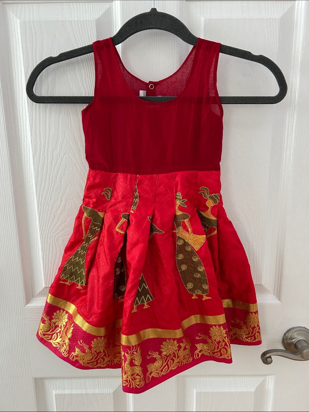 Girls' Red Festive Sleeveless Dress with Gold Motif